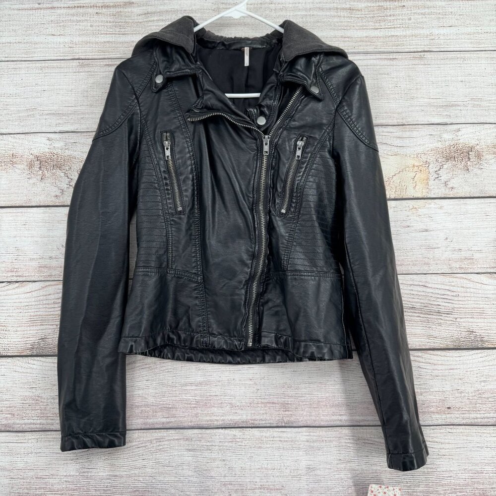 Free People Black Faux Leather Hooded Moto Jacket